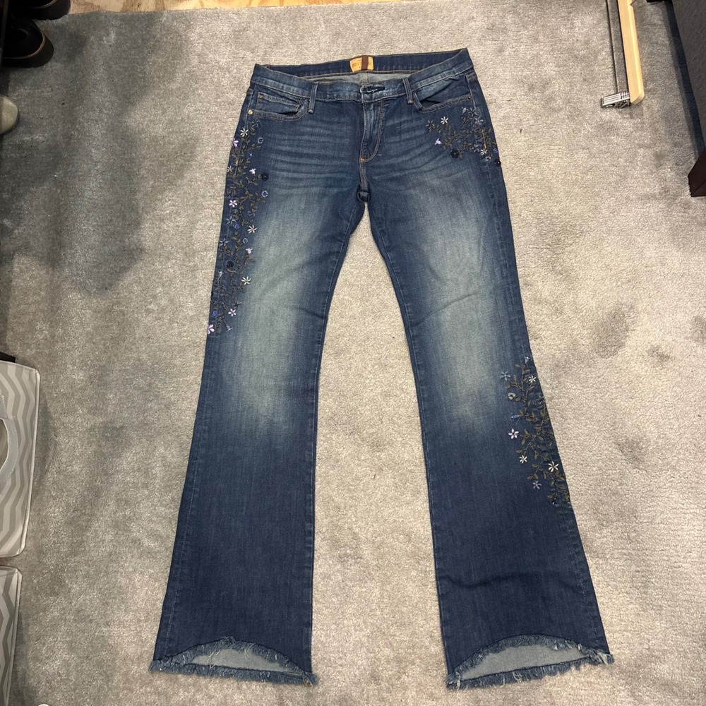 Driftwood Eva Embroidered Flare Bootcut Jeans Medium Wash Raw Hem 29x34